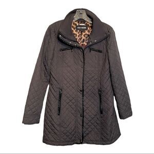 STEVE Madden Quilted Coat Gray Leopard Lining Zip Knee Length Womens M